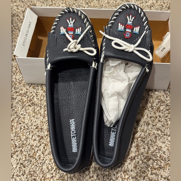 Minnetonka Black Moccasins with Red and Blue Beadwork - Picture 1 of 12